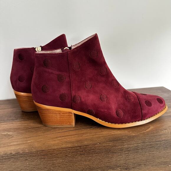 Anthropologie NWOT Suede Red Polka Dot Booties Sz 7.5 Western Boho Cottage - Picture 1 of 7